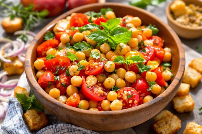 Salade de tomates aux pois chiches, harissa et croûtons.jpg